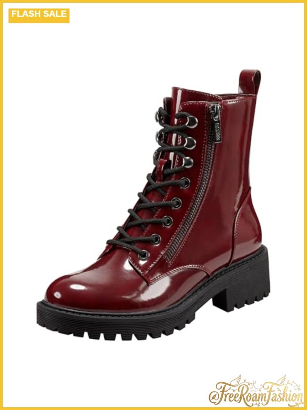 Faux Leather Combat Boots Lace Up Round Toe Ankle Bootie Block Heel